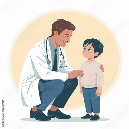 A pediatrician interacts warmly with a young boy, fostering a comfortable environment that encourages openness and trust during an important health checkup.