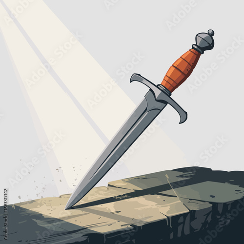 An artistic representation of a stylish dagger posed on a textured stone surface, capturing the elegance and strength of weaponry against a simple natural backdrop.