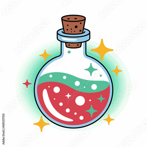 This vibrant glass flask contains a colorful potion with bubbles and sparkles, symbolizing magic and discovery in a whimsical potion-making theme.