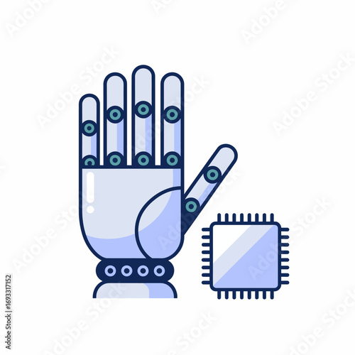 A detailed illustration of a robotic hand showcasing sensors and a microchip, symbolizing advanced technology and artificial intelligence in robotics and automation.