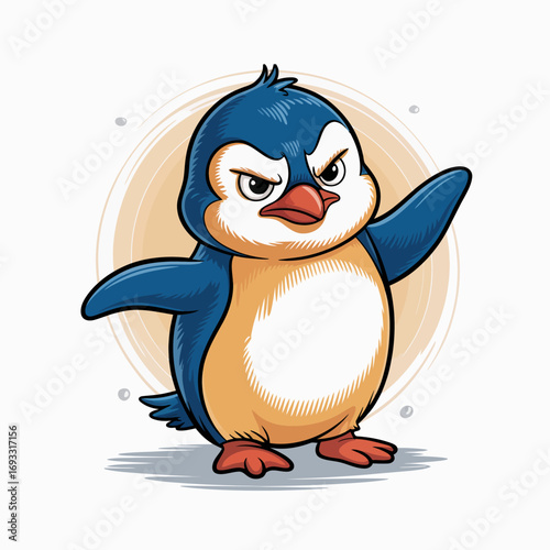 This confident cartoon penguin stands strong and bold with an assertive expression, showcasing humorous character design and a minimalist style backdrop that highlights its charm.