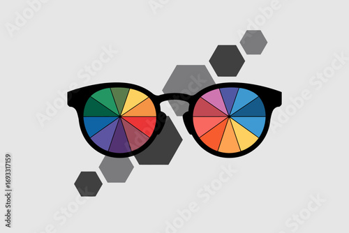 A visually striking image of sunglasses displaying a vibrant, colorful lens design amid abstract geometric shapes, highlighting contemporary artistic style and creativity.