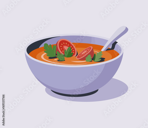 An inviting bowl of tomato soup featuring fresh tomato slices and parsley, illustrating a delightful meal that balances nutrition and taste in a modern artistic representation.