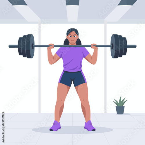 A confident woman showcases her strength as she lifts a barbell with determination in a modern gym environment, reflecting the importance of fitness and self-empowerment.