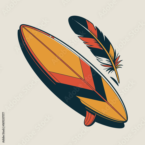 Highlighted in this image is an artistic surfboard paired with a colorful feather, representing individuality and creativity within the vibrant world of surf culture.