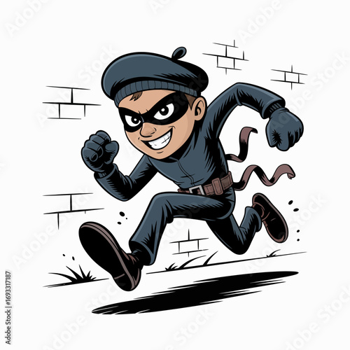 A cartoon depiction of a bandit sprinting across a background of bricks showcases an element of mischief, excitement, and negative connotations of theft in a fun format.