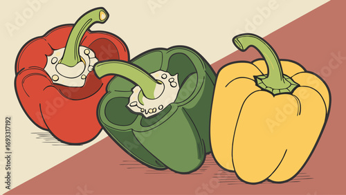 Three Bell Peppers Red Green Yellow Vegetable Illustration Fresh Produce Healthy Food Cartoon Style Kitchen Cooking Diet Nutrition Vibrant Colors Food Design Graphic Design Vector.