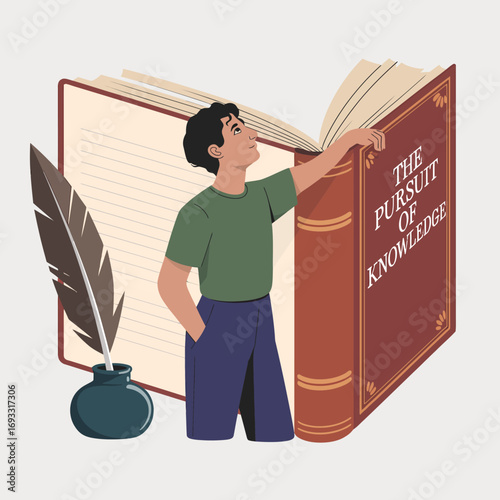 A curious child admires a massive book titled 'The Pursuit of Knowledge,' showcasing the significance of learning and discovery through literature and childhood exploration.