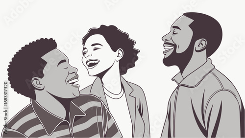 Three diverse friends laughing together vector illustration friendship happiness joy.