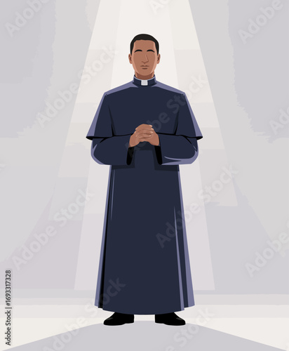 This image presents a confident priest illuminated against a soft background, symbolizing enlightenment, spirituality, and a connection to higher values.