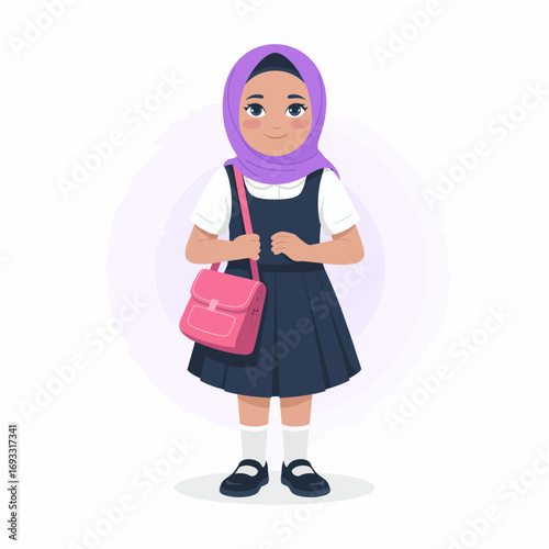 A cheerful young girl in a school uniform wearing a purple hijab and holding a pink bag, embodying the spirit of education, youth, and multiculturalism in modern schools.