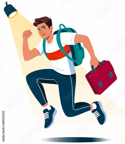 A young man is energetically running with a backpack and a briefcase, symbolizing determination, readiness, and the hustle of student life in a vibrant and dynamic setting.