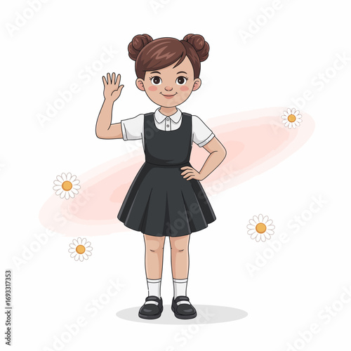 A cheerful young girl with two buns in her hair, dressed in a black school uniform, waving happily against a soft floral background filled with daisies.