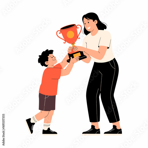 A young boy beams with happiness as he lifts a trophy high in the air, embodying the spirit of triumph and accomplishment in a playful setting.