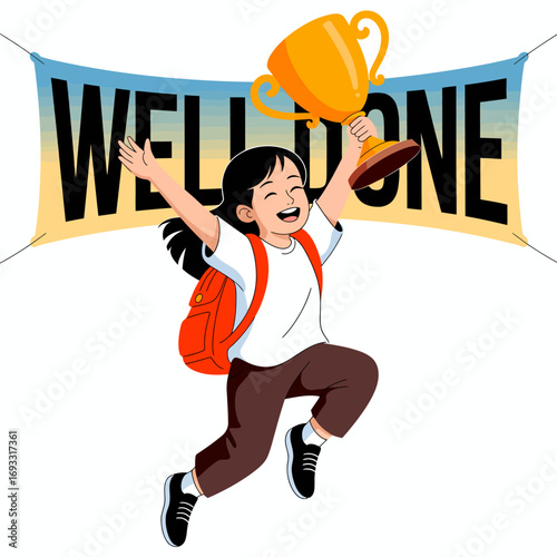 An ecstatic girl leaps with joy, holding a trophy high while standing in front of a congratulatory banner, symbolizing her hard-earned success and achievement.