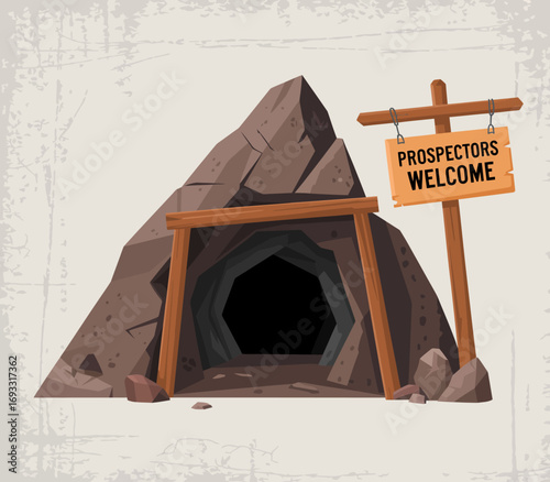 This vibrant cave entrance illustration conveys a welcoming message for prospectors, symbolizing adventure and the promise of great discoveries within.