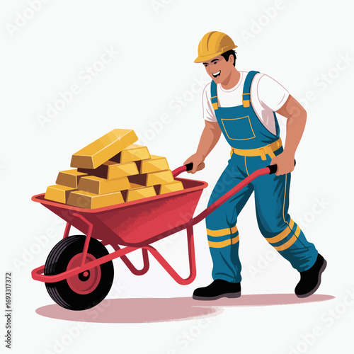 A cheerful construction worker pushes a wheelbarrow laden with gleaming gold bars, showcasing hard work and the pursuit of wealth in a vibrant and upbeat illustration.