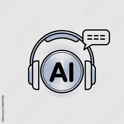 An illustrated AI headset design emphasizes the role of artificial intelligence in enhancing communication, incorporating sleek styling and symbolic representation of connection.
