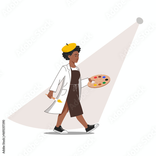 An artist woman walks gracefully with a paintbrush and palette in her hands, showcasing her artistic talent and passion for creativity in this stylish illustration.