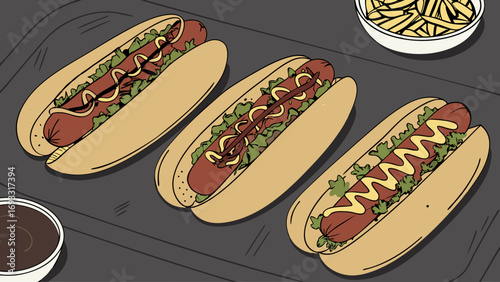 Three Hot Dogs with Mustard and Lettuce on a Tray with French Fries and a Drink.