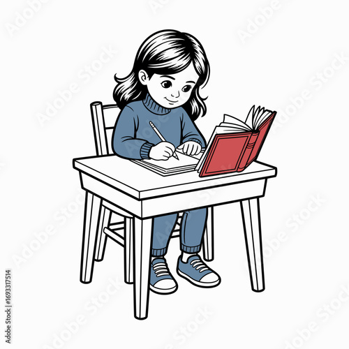 A young girl is focused on writing in a notebook with an open book beside her, showcasing the joy of learning and creativity in a study environment.