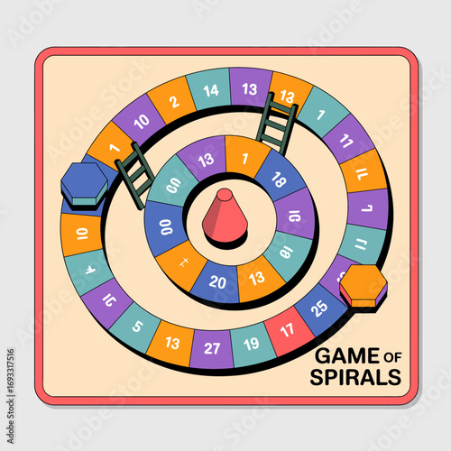 A captivating illustration of the board game Game of Spirals featuring a unique winding path layout, bright colors, and an inviting design that encourages playful interaction.