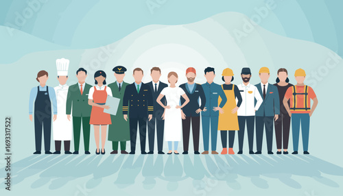 This image features a diverse group of working individuals in various occupations, promoting the ideals of hard work, dedication, and team effort in professional settings.