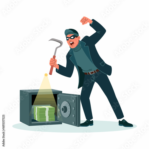 An excited burglar, dressed in stylish attire, jumps in elation next to an open safe filled with cash, displaying an exaggerated expression of delight and mischief in this cartoon-themed artwork.