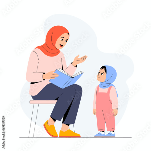 The image depicts a joyful mother sharing a moment with her child as she reads a book, creating a warm and loving atmosphere filled with connection and imagination.