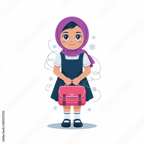 A joyful schoolgirl wearing a hijab stands confidently with her backpack, embodying education, diversity, and the spirit of learning in a vibrant and inviting illustration.