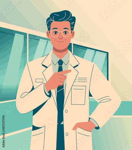 A cheerful doctor points toward a discussion area, exuding confidence and professionalism in a modern clinical setting designed for patient interactions and care.