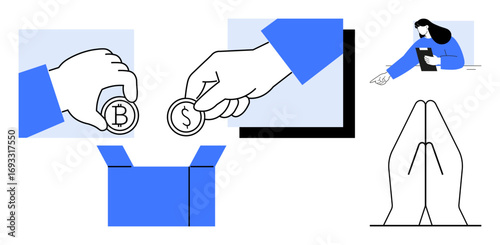 Hands donating Bitcoin and dollar coins into a box, woman holding a tablet while pointing, hands in prayer gesture. Ideal for charity, donation, fintech, teamwork, guidance, prayer simple landing