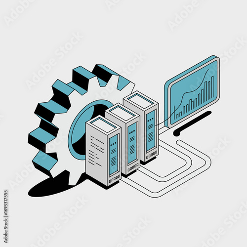 This image depicts a gear alongside server towers and a screen displaying data insights, symbolizing modern data management and technological efficiency in the digital age.