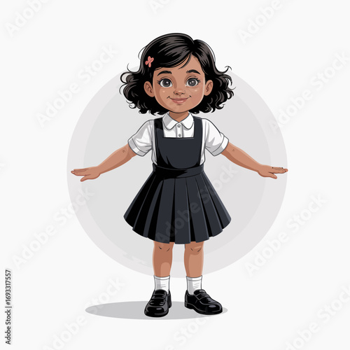 An adorable girl in a dark school dress stands with a delightful smile, radiating joy and encouraging a sense of happiness and excitement in an educational setting.