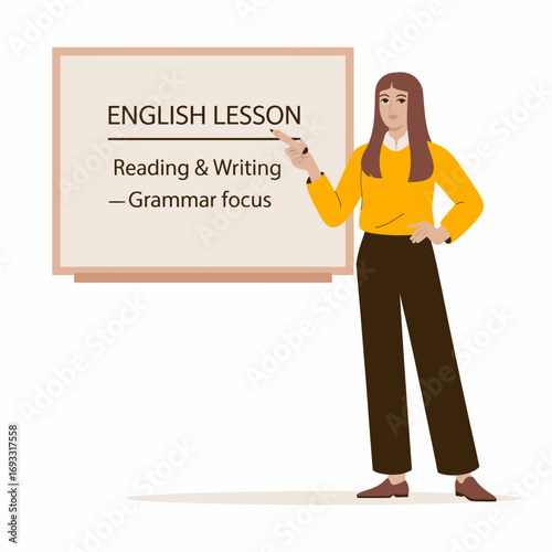 A structured approach to teaching is illustrated by a woman explaining 'Reading & Writing - Grammar focus' on a board, emphasizing the importance of language skills in learning.