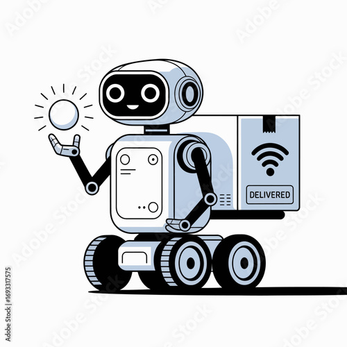 The charming delivery robot holds a sphere, emphasizing the interactive design aspect of modern technology and showcasing its function in an engaging, friendly manner.