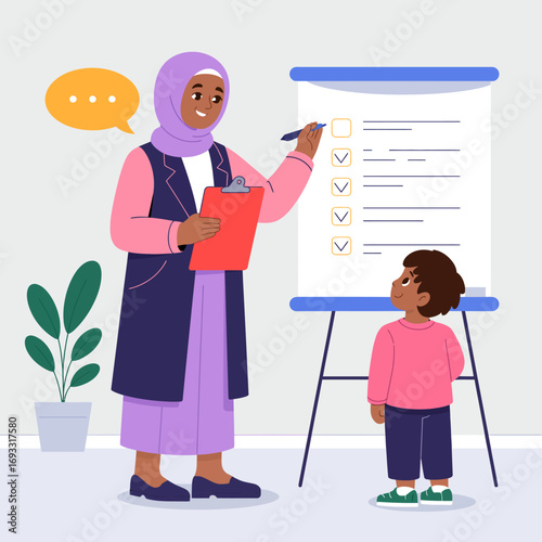 A woman in a hijab holds a clipboard while discussing learning goals with a child, reflecting the importance of mentoring and personalized education in a nurturing environment.
