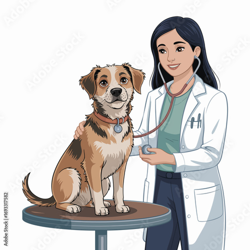 The professional interaction between a veterinarian and a dog showcases the importance of animal health care while emphasizing affection, care, and the friendly atmosphere of veterinary practice.