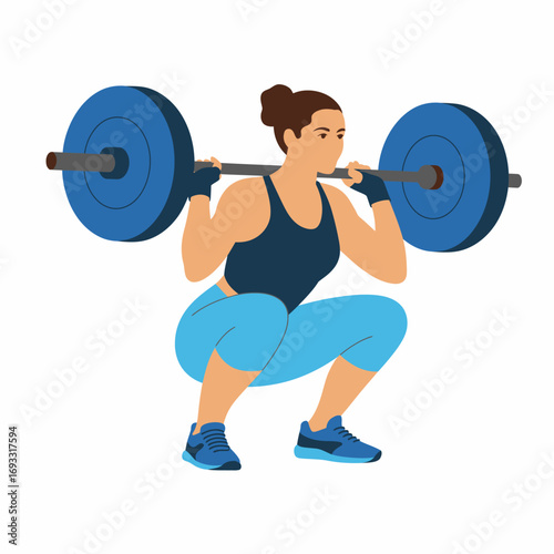 An athletic woman focuses on lifting weights during a squat exercise, demonstrating her strength and commitment to fitness in a well-equipped gym atmosphere.