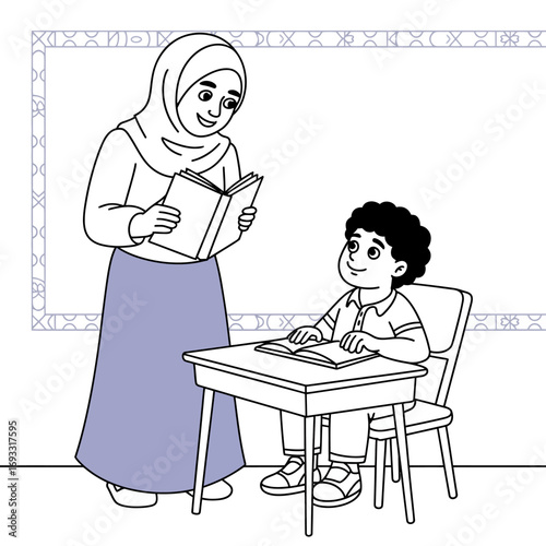 A dedicated teacher reads an engaging book to her attentive student, illustrating the importance of storytelling and reading in nurturing young minds and fostering imagination.