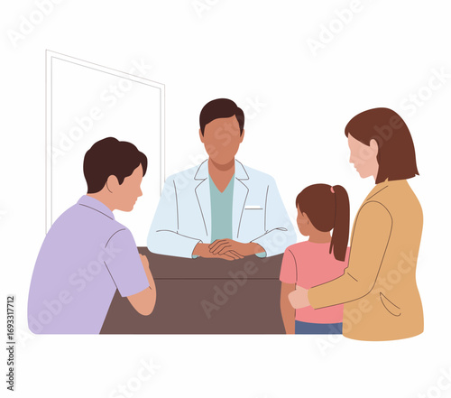 A family approaches a doctor at a reception desk discussing health inquiries and support, showcasing the importance of healthcare communication and family involvement.