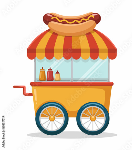 This lively hot dog stand showcases cheerful colors, condiments displayed haphazardly, and promises delicious classic street food treats for hungry customers on the go.