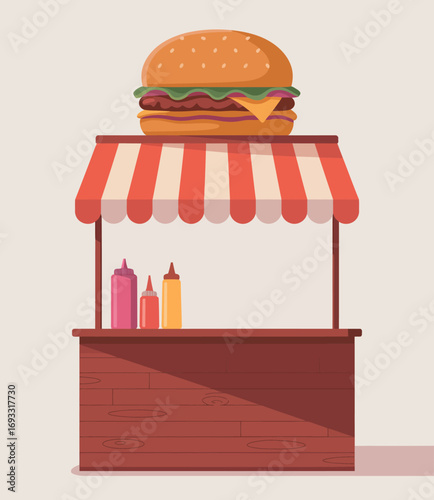 A cheerful burger stand is featured in this vibrant image, showcasing a range of colorful toppings that create an attractive and inviting food experience for everyone.