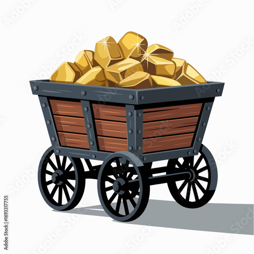 An animated representation of a vintage wooden mining cart filled to the brim with sparkling gold nuggets, showcasing the allure and historical significance of mining treasures.