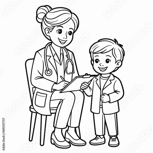 A caring doctor interacts with a happy child in a clinic, reflecting joy and trust in the pediatric healthcare experience with a supportive atmosphere.