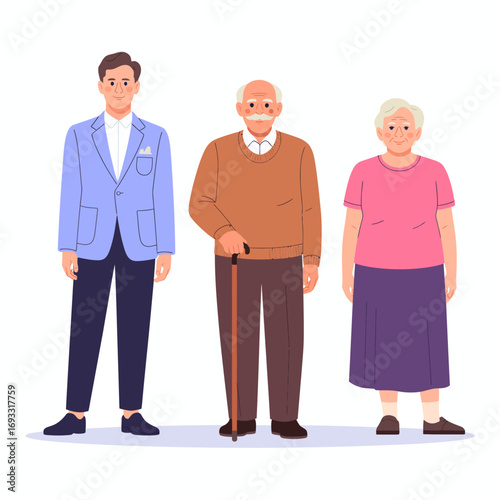 A charming portrayal of a young man, along with his elderly grandfather and grandmother, that illustrates family warmth, shared love, and generational bonds through moments together.
