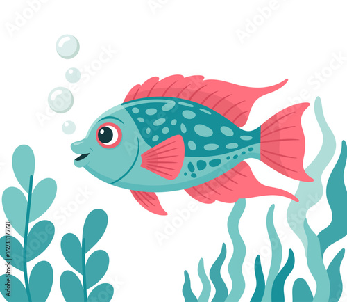 A cheerful fish illustration swimming in a colorful underwater scene complete with vibrant plants and bubbles, capturing the essence of joy and marine life in art.