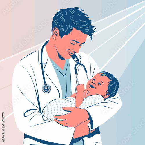 A compassionate doctor cradles a newborn baby in a peaceful hospital setting, showcasing the tenderness and joy in the bond between caregiver and patient.