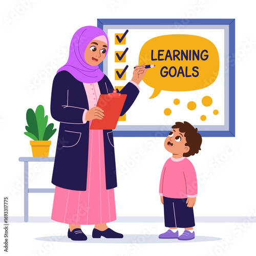 A mentor in a hijab defines learning objectives on a board, fostering a supportive atmosphere for children to understand their educational paths and personal goals.