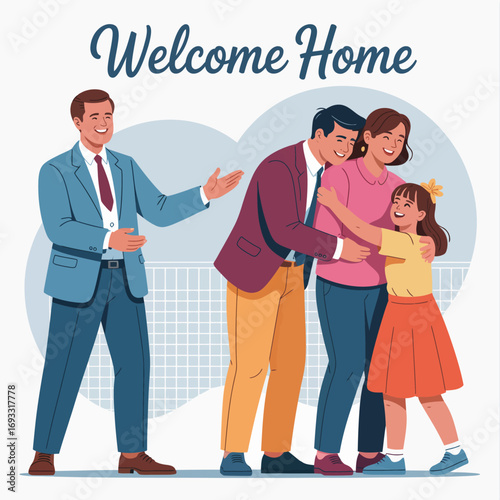 This image presents a professional setting involving a family reunion, showcasing expressions of excitement and welcome as individuals embrace and share warmth.